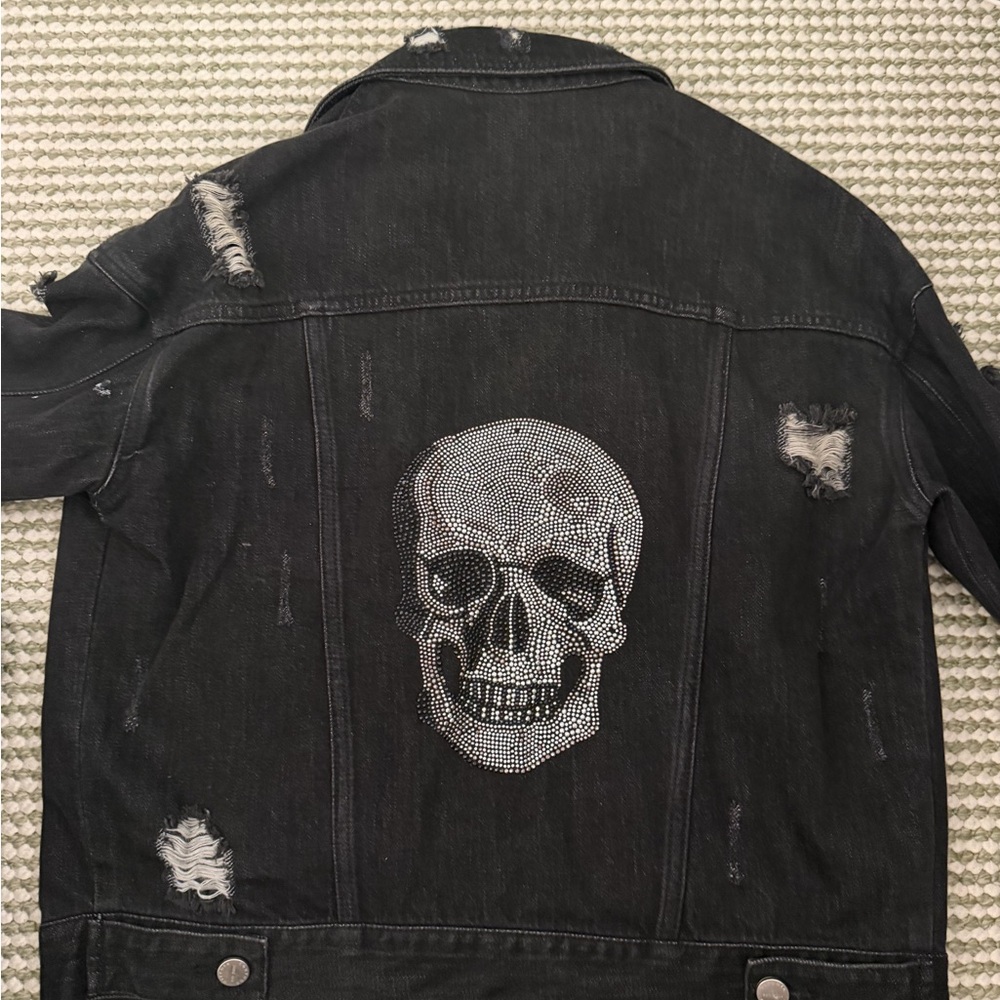 Black Distressed Denim Jacket with Crystal Skull Back